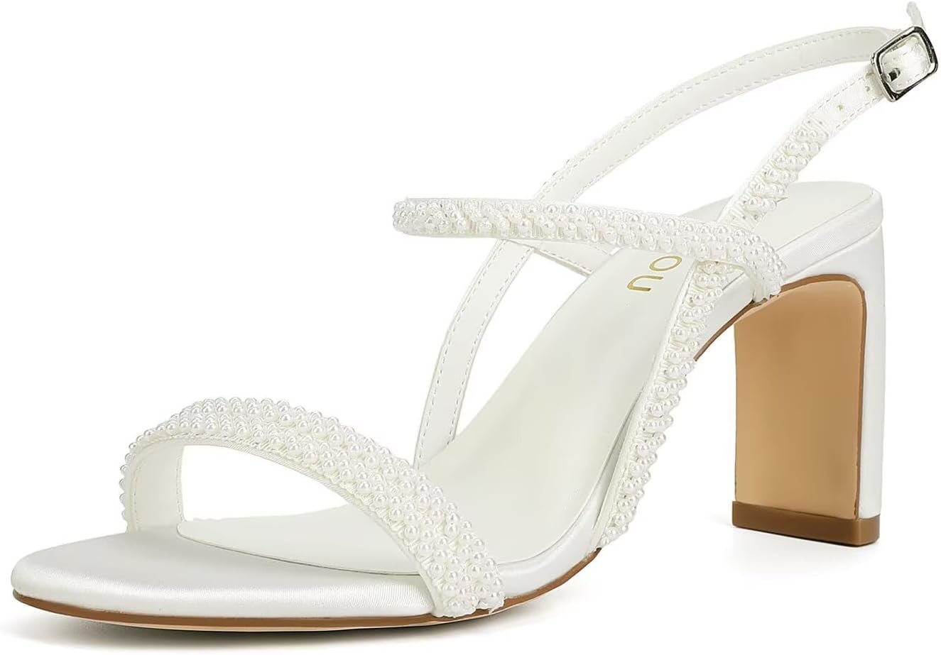 Women’s Heeled Sandals Pearl Wedding Shoes for Bride O...