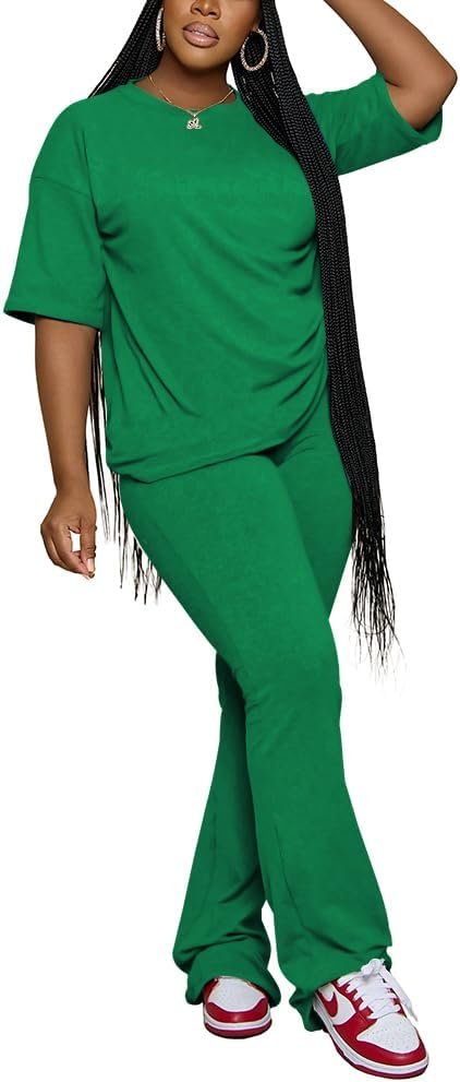 PINSV Women 2 Piece Outfits Short Sleeve Top and Flare Pants...