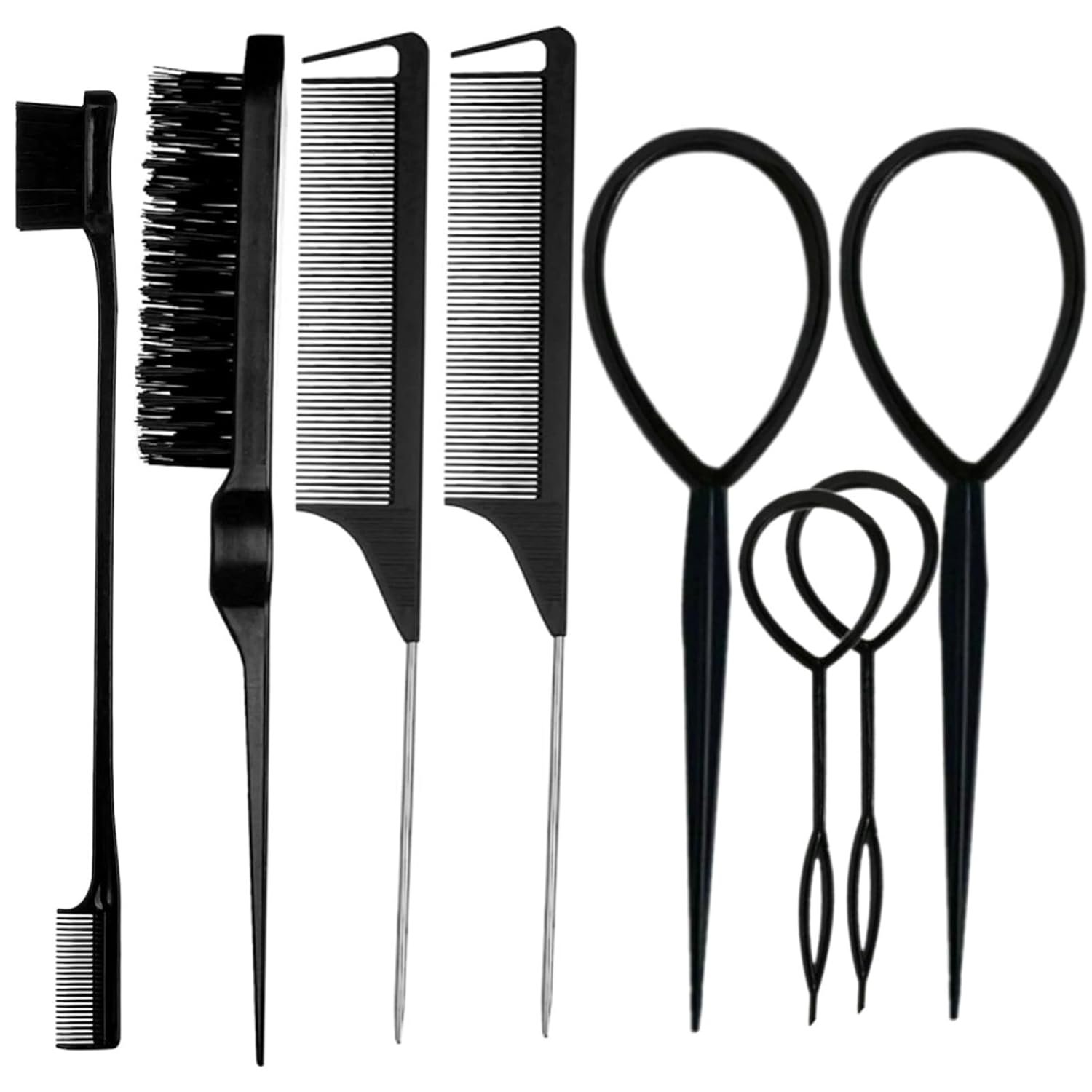 8Pcs Black Hair Brushes Set with 4Pcs Topsy Tail Tools, Teas...