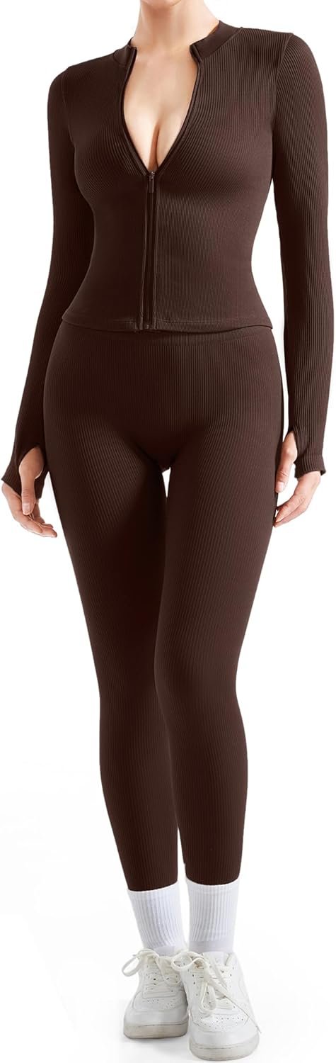 SUUKSESS Women 2 Piece Seamless Ribbed Workout Sets With Zip...