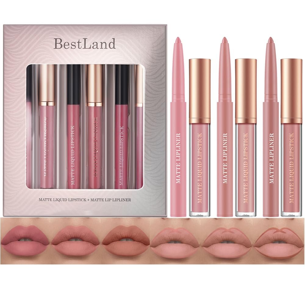 BestLand 6Pcs Matte Liquid Lipstick + Lip Liner Pens Set, On...