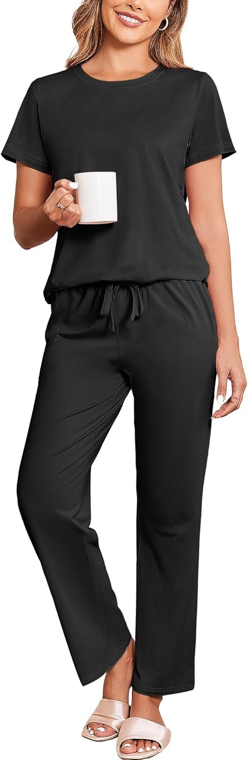 Ekouaer Cotton Pajamas Short Sleeve T-Shirt Top and Long Pan...