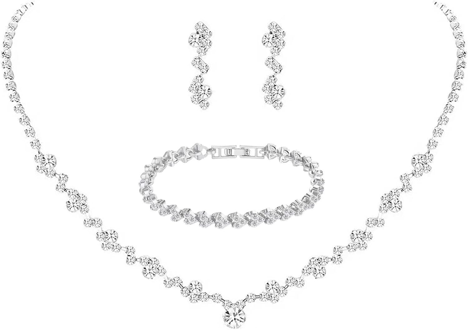 Crystal Wedding Jewelry Set, Silver Necklace Earrings Bracel...