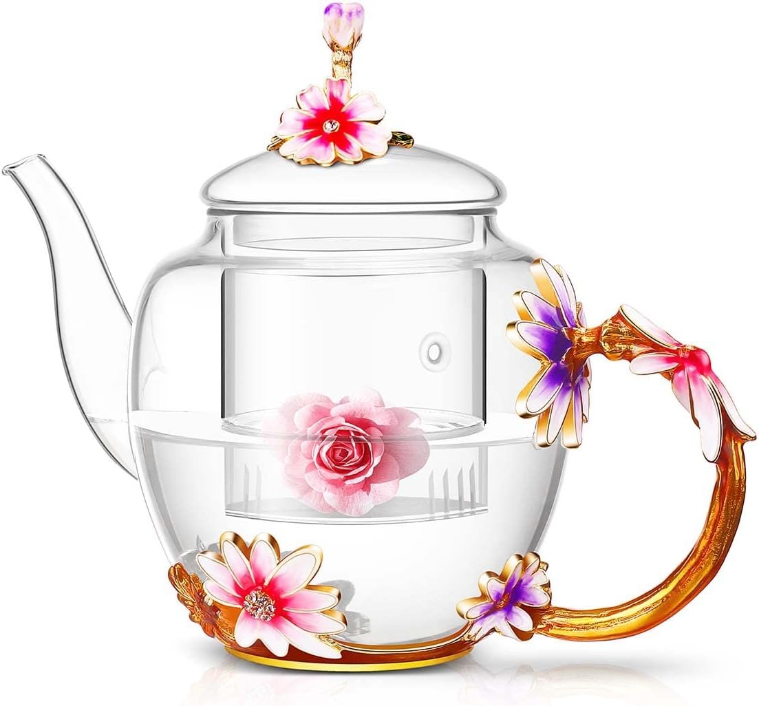 Luka Tech 35OZ Enamel Glass Flower Teapot With Removable Loo...
