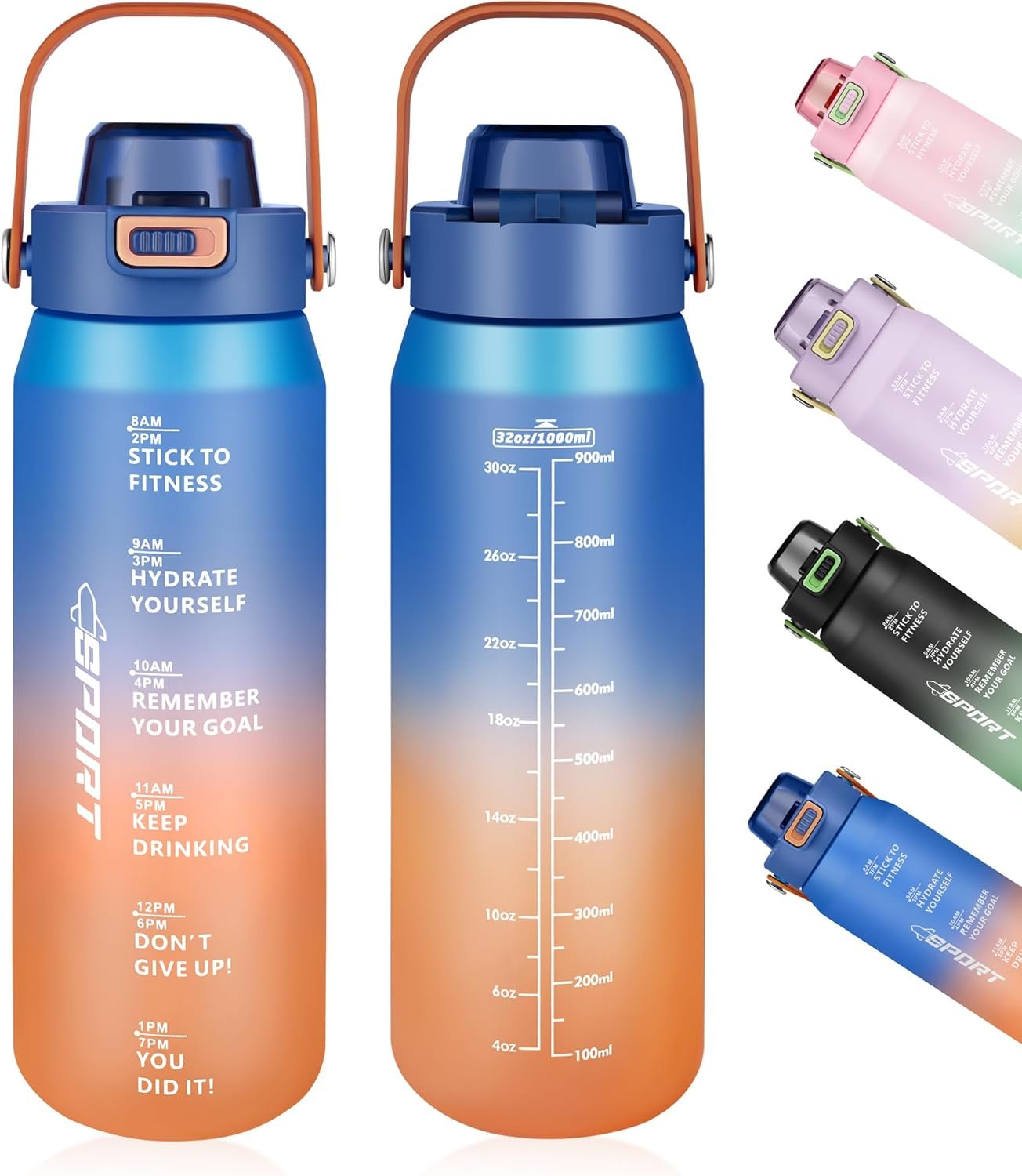Motivational Water Bottle 32oz with Time Marker- Leakproof &...