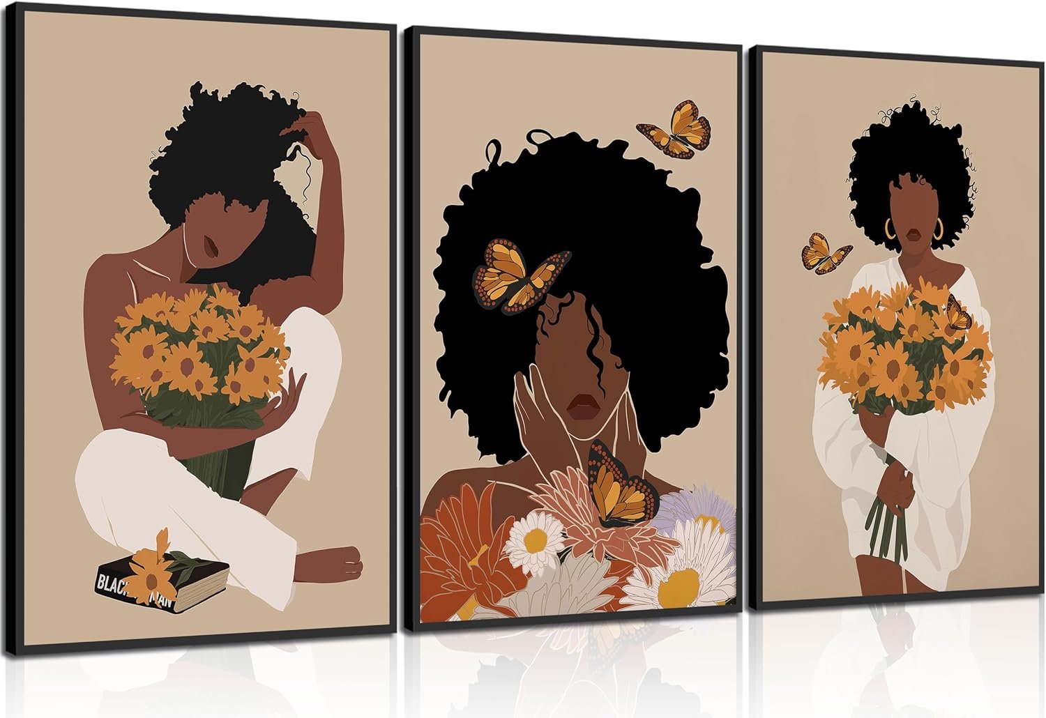 WSTUKVV 3Pcs Black Woman Wall Art Boho Black Girl Sunflower ...