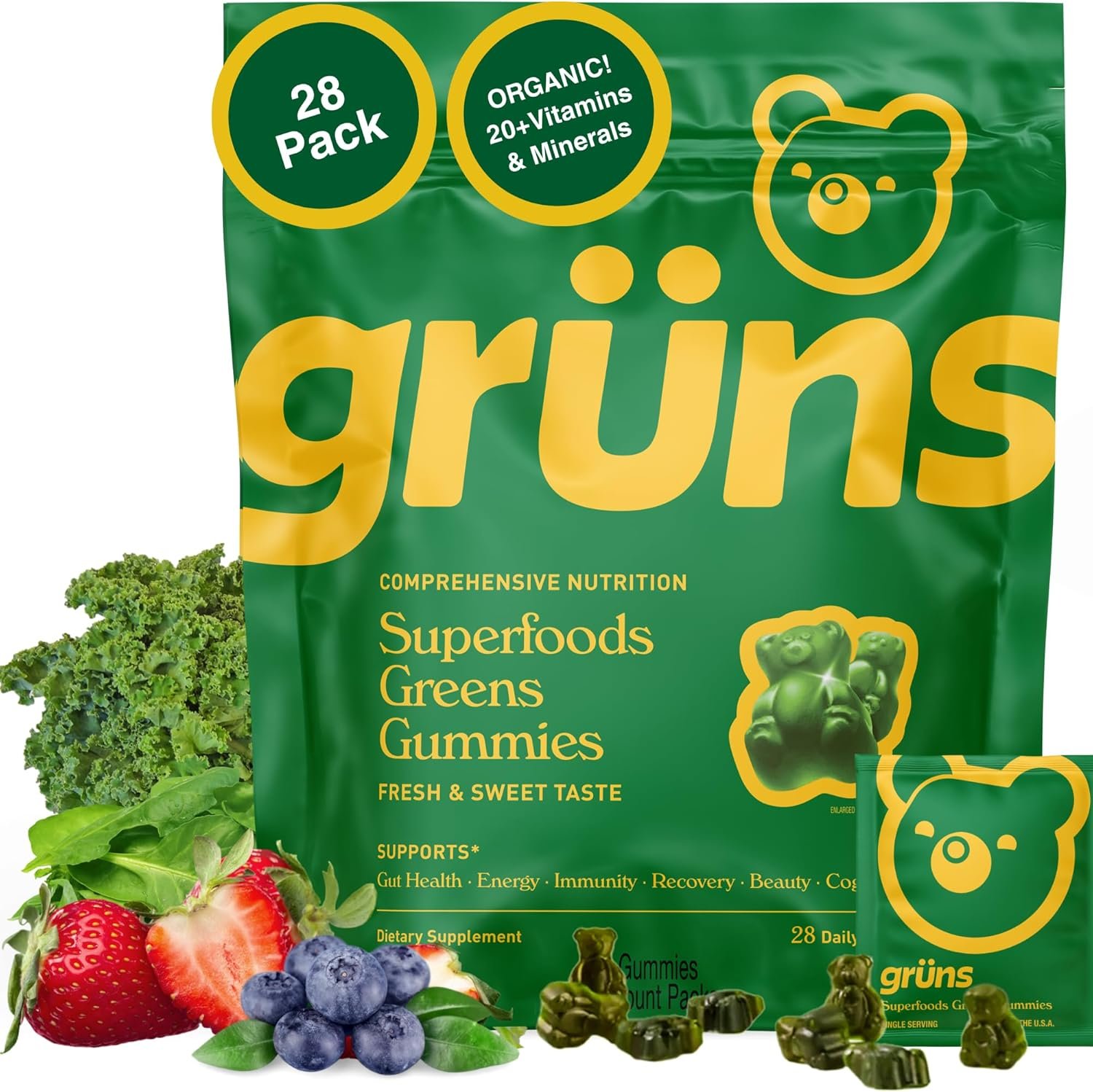 Gruns Adults Super Greens Multivitamin Gummies, Superfood Vi...