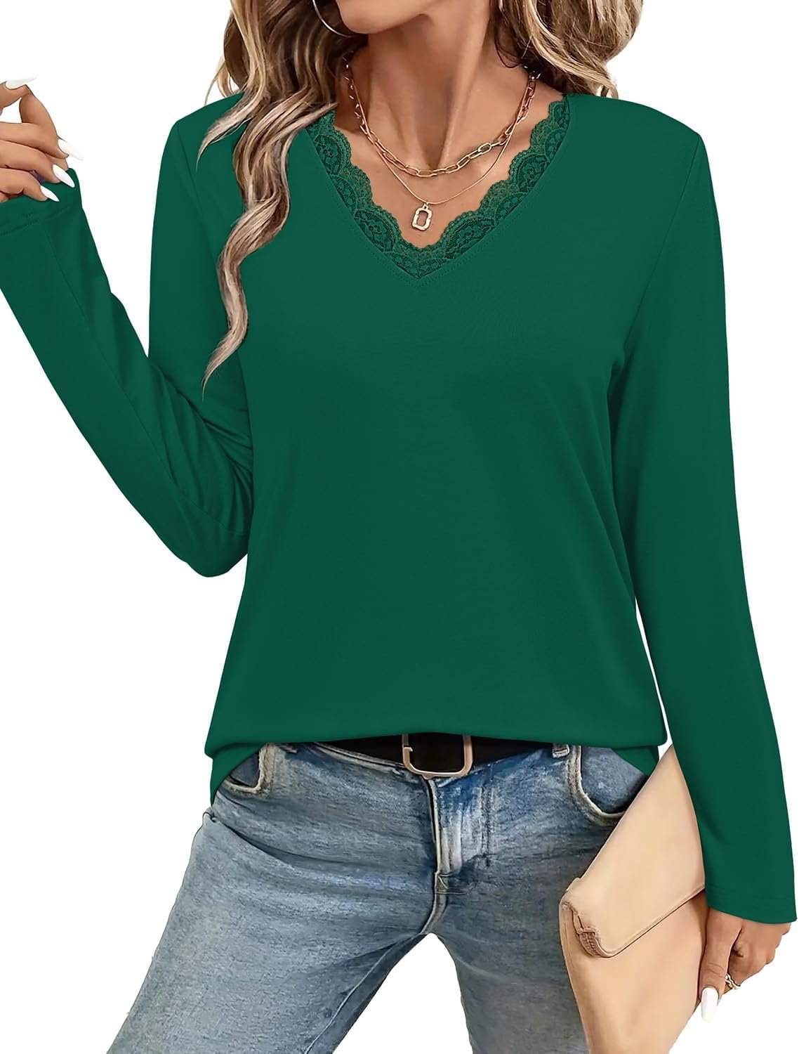 JUSTFASHIONNOW Long Sleeve Shirts for Women Lace V Neck Tuni...